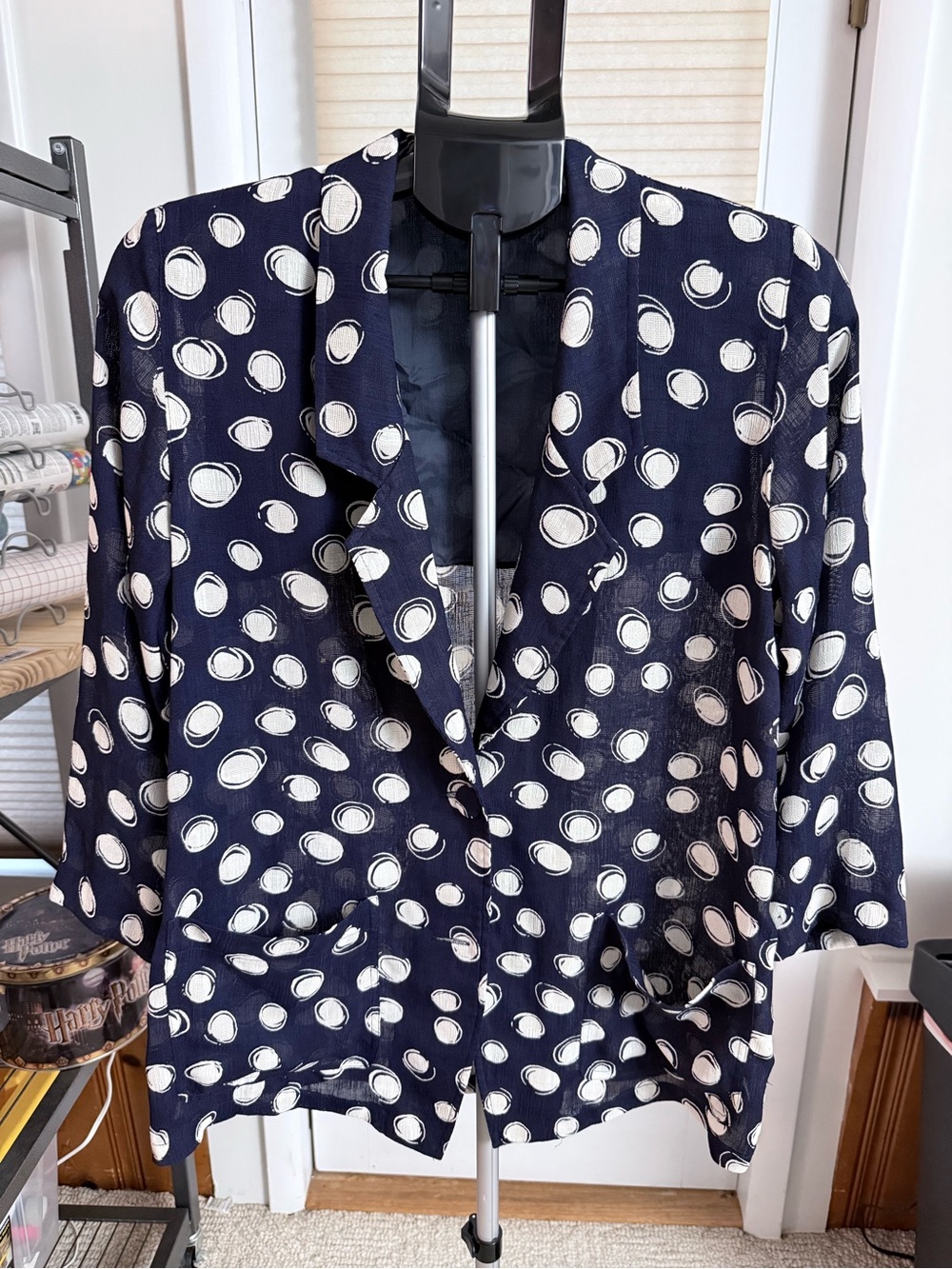 Rainbow Navy and Cream Polka Dot Blouse Jacket semi sheer vintage 3/4 sleeves